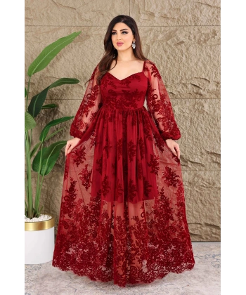 Esnek Tül Üzerine Flok Baskılı Dekolteli Elbise Abiye