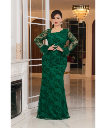 Esnek Tül Üzerine Flok Baskılı Tavşan Tüyü Garnili Uzun Elbise Abiye