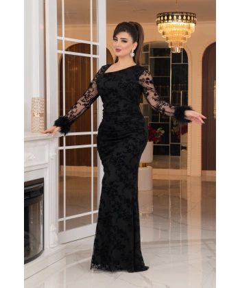 Esnek Tül Üzerine Flok Baskılı Tavşan Tüyü Garnili Uzun Elbise Abiye