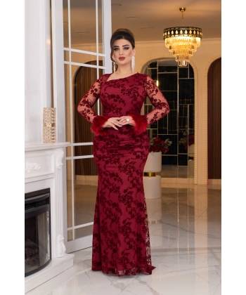 Esnek Tül Üzerine Flok Baskılı Tavşan Tüyü Garnili Uzun Elbise Abiye