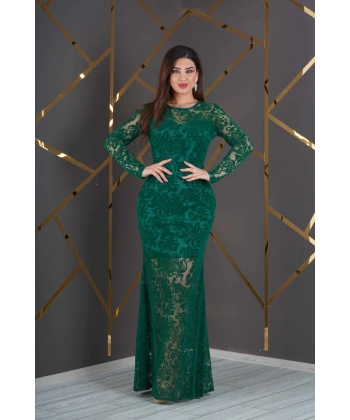 Esnek Tül Üzerine Flok Baskılı Uzun Balık Elbise Abiye