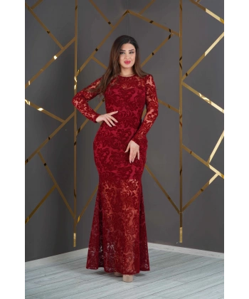 Esnek Tül Üzerine Flok Baskılı Uzun Balık Elbise Abiye