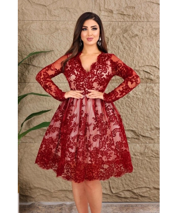 Esnek Tül Üzerine Flok Baskılı V Dekolteli Kısa Tütü Elbise Abiye