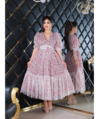 Esnek Tül Üzerine Puantiyeli Kiraz Desenli Flok Baskılı Dekolteli Diz Altı Abiye