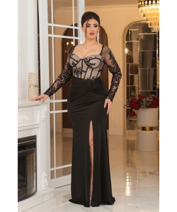 Flok Kristal Buzi Tasarım Göğüs Sırt Dekolteli Balık Elbise Abiye