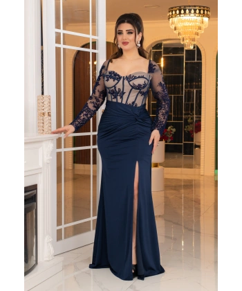 Flok Kristal Buzi Tasarım Göğüs Sırt Dekolteli Balık Elbise Abiye