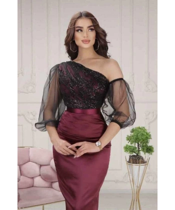 Flok Sim Baskılı Saten Tasarım Elbisemiz