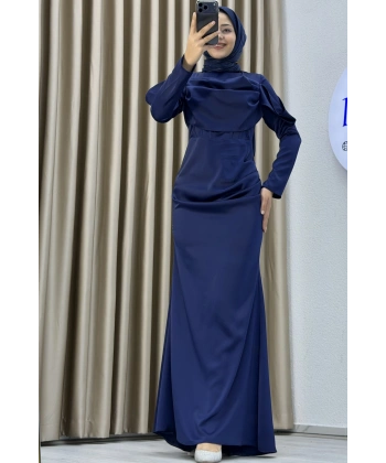 Göğüs Drapeli Asimetrik Üst Detaylı Uzun Kollu Dik Yaka Slim Fit Silüet Uzun Boy Şık Abiye Elbise