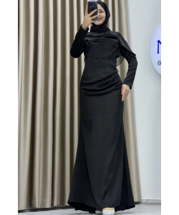 Göğüs Drapeli Asimetrik Üst Detaylı Uzun Kollu Dik Yaka Slim Fit Silüet Uzun Boy Şık Abiye Elbise