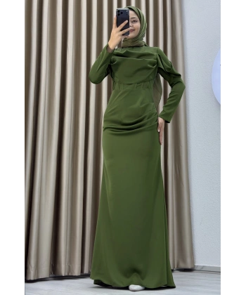 Göğüs Drapeli Asimetrik Üst Detaylı Uzun Kollu Dik Yaka Slim Fit Silüet Uzun Boy Şık Abiye Elbise