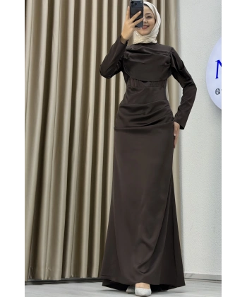 Göğüs Drapeli Asimetrik Üst Detaylı Uzun Kollu Dik Yaka Slim Fit Silüet Uzun Boy Şık Abiye Elbise