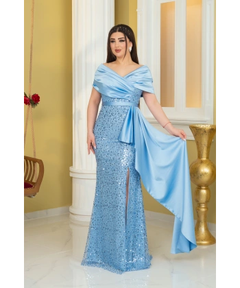 İncili Payet Saten Tasarım Yırtmaçlı Kolsuz Pelerinli Elbise Abiye