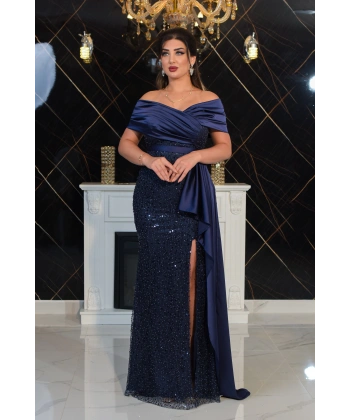 İncili Payet Saten Tasarım Yırtmaçlı Kolsuz Pelerinli Elbise Abiye