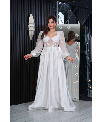 İncili Tül Payet Saten Tasarım Göğüs Dekolteli Uzun Elbise Abiye