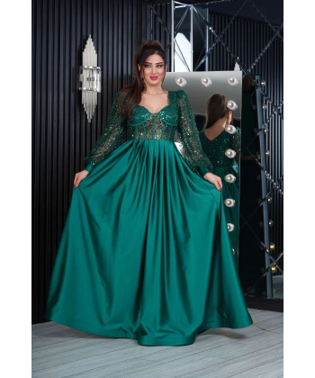 İncili Tül Payet Saten Tasarım Göğüs Dekolteli Uzun Elbise Abiye