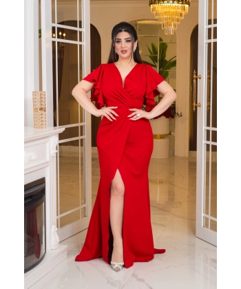 İthal Atlas Tasarım Pelerin Kısa Kollu Yırtmaçlı Uzun Elbise Abiye