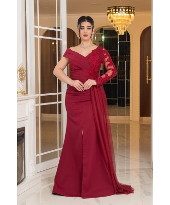 İthal Atlas Tasarım Tül Güpür Dantel Aksesuarlı Yırtmaçlı Uzun Elbise Abiye