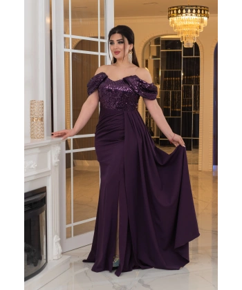 İthal Atlas Tül Payet Tasarım Straplez Dekolteli Yandan Pelerinli Uzun Elbise Abiye