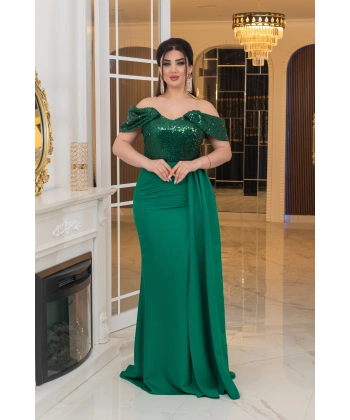 İthal Atlas Tül Payet Tasarım Straplez Dekolteli Yandan Pelerinli Uzun Elbise Abiye