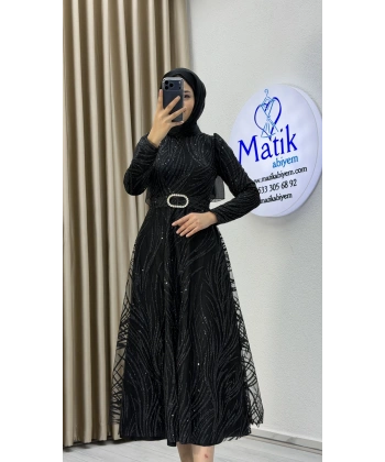 Kabartma Sim Desenli Midi Tesettür Abiye