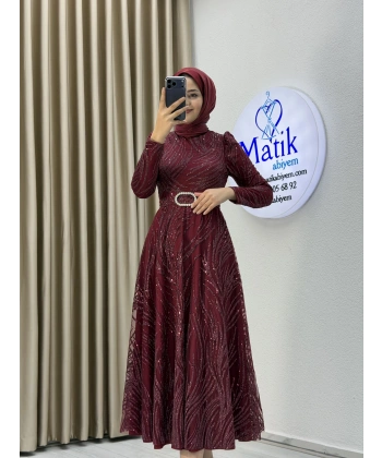 Kabartma Sim Desenli Midi Tesettür Abiye