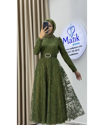 Kabartma Sim Desenli Midi Tesettür Abiye