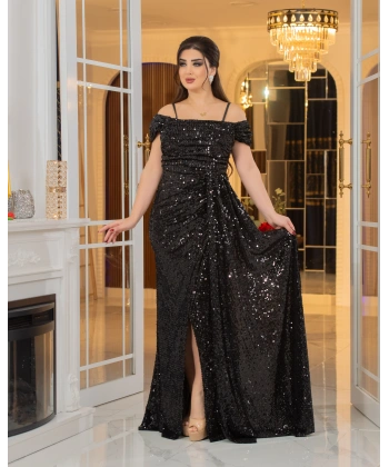 Kadife Payet Tasarım Straplez Dekolteli Yırtmaçlı Pelerinli Elbise Abiye