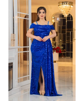 Kadife Payet Tasarım Straplez Dekolteli Yırtmaçlı Pelerinli Elbise Abiye