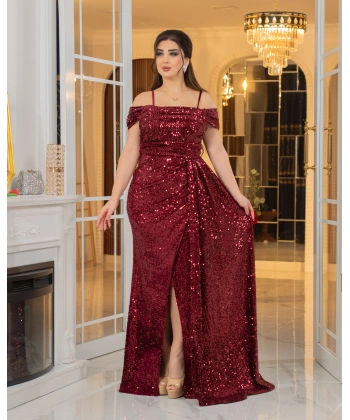 Kadife Payet Tasarım Straplez Dekolteli Yırtmaçlı Pelerinli Elbise Abiye