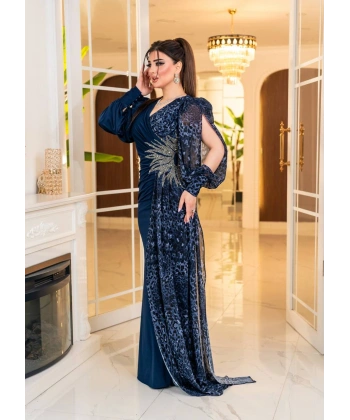 Kristal Buzi Leopar Dijital Şifon Baskılı Taş Aksesuarlı Uzun Elbise Abiye