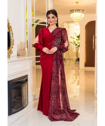 Kristal Buzi Leopar Dijital Şifon Baskılı Taş Aksesuarlı Uzun Elbise Abiye