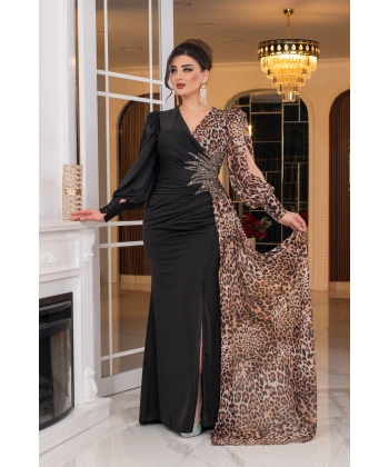 Kristal Buzi Leopar Dijital Şifon Baskılı Taş Aksesuarlı Uzun Elbise Abiye