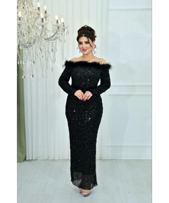 Kuş Tüyü Omuz Detaylı Payet Abiye