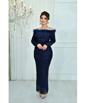 Kuş Tüyü Omuz Detaylı Payet Abiye