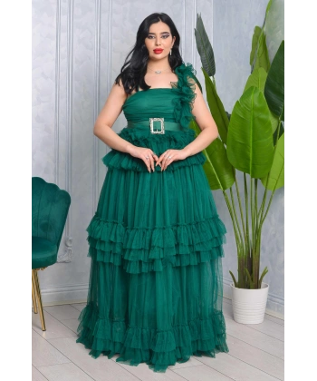 Missine Büzgülü Dekolteli Yırtmaçlı Kemerli Tül Uzun Elbise Abiye