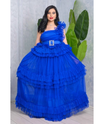 Missine Büzgülü Dekolteli Yırtmaçlı Kemerli Tül Uzun Elbise Abiye