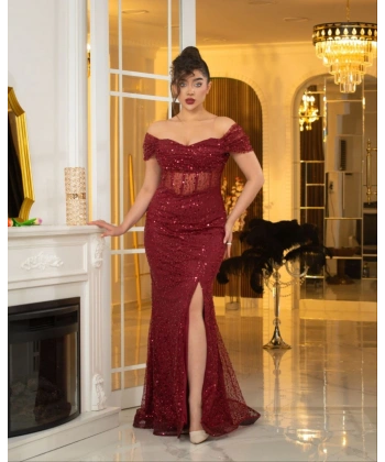 Omzu Açık Dantel Detaylı Işıltılı Uzun Abiye Elbise