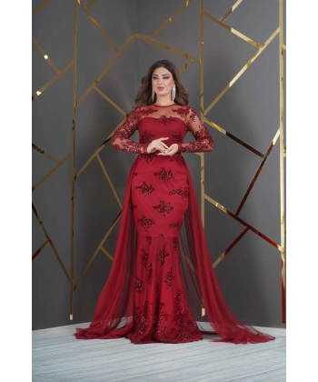 Özel Simli Flok Baskılı Dantel Tasarım Elbise