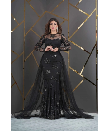 Özel Simli Flok Baskılı Dantel Tasarım Elbise