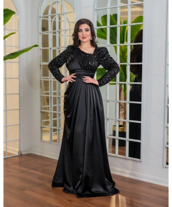 Payet Detaylı Drapeli Uzun Abiye Elbise