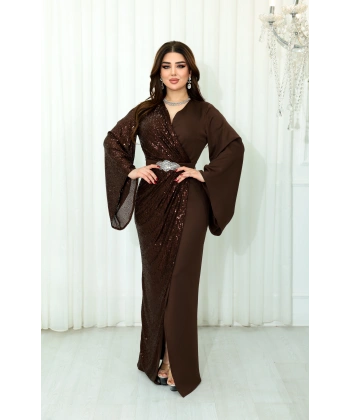 Payet Garnili Scuba Yırtmaçlı Abiye - Kahverengi