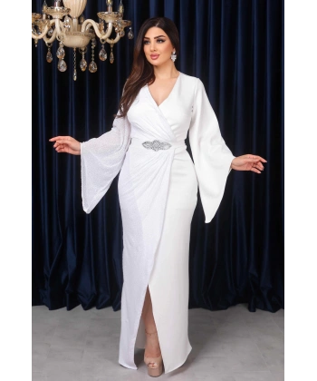 Payet Garnili Scuba Yırtmaçlı Abiye - Beyaz