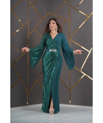 Payet Garnili Scuba Yırtmaçlı Abiye - Yeşil