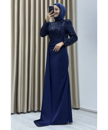 Payet İşlemeli Uzun Kollu Drapeli Etek Detaylı Maxi Boy Şık Abiye Elbise