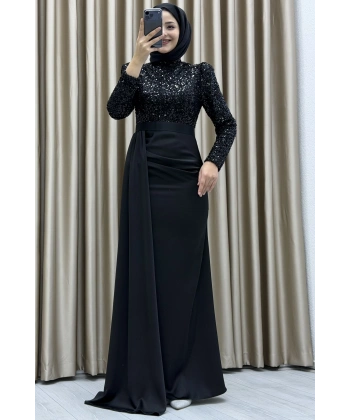 Payet İşlemeli Uzun Kollu Drapeli Etek Detaylı Maxi Boy Şık Abiye Elbise