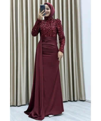 Payet İşlemeli Uzun Kollu Drapeli Etek Detaylı Maxi Boy Şık Abiye Elbise