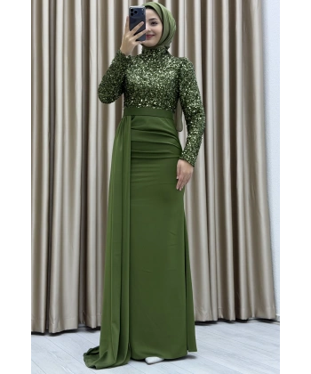 Payet İşlemeli Uzun Kollu Drapeli Etek Detaylı Maxi Boy Şık Abiye Elbise