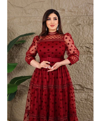 Puantiyeli Tül Kemerli Özel Tasarım Elbise