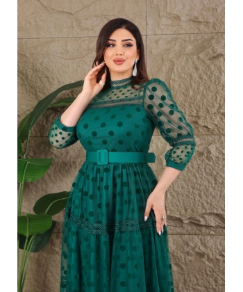 Puantiyeli Tül Kemerli Özel Tasarım Elbise