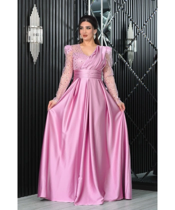 Saten İncili Payet Garnili V Dekolteli Uzun Elbise Abiye